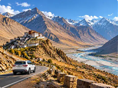 White vehicle traveling on a mountain road overlooking a hillside monastery and river valley.